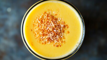 Wall Mural - Mango coconut smoothie in glass on table, top view