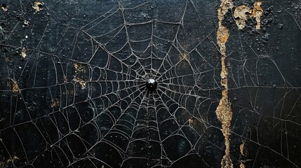 Spider Web on a Black Grunge Wall. Background for Halloween 