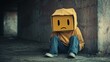 © InspirationDesign - Person with cardboard box head showing sad face. Great for depression, anonymity, or emotional struggle concepts.