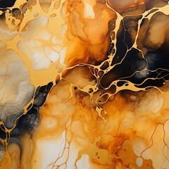 Wall Mural - Abstract ocean-inspired fluid painting with blue, gold, and amber tones. Artistic ink design for modern decor and wallpapers.