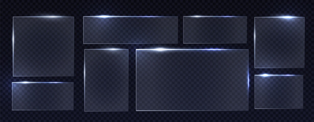 Poster - glass frame collection with neon light edges - transparent rectangular plates with bright luminous b