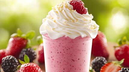 Wall Mural - Pink berry smoothie topped with whipped cream and fresh berries outdoors