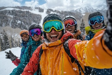 Skiing buddies taking a selfie amidst a snowy mountain backdrop