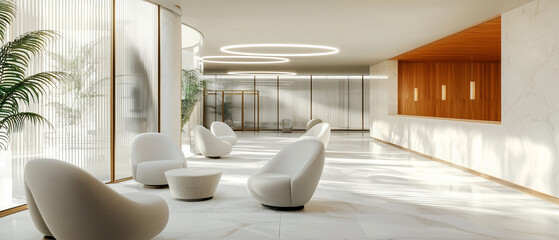 Poster - Modern hotel lobby with sleek design featuring white chairs and circular lighting, creating serene atmosphere. space is accented with wooden panels and large windows