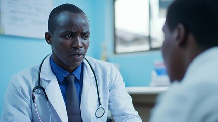 Aufkleber - healthcare worker attentively listens to patient in medical office, showing concern and professionalism. setting is bright and clinical, emphasizing importance of patient care