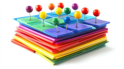 Leinwandbilder - A stack of colorful sticky notes, each pinned with a matching push pin, arranged in an overlapping pattern, on white
