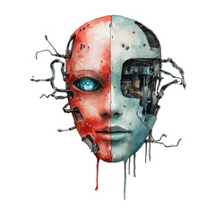Poster - watercolor painting of robot face with red and blue colors, featuring intricate mechanical details and expressive design elements, evokes sense of futuristic artistry