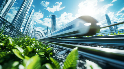 Poster - Futuristic high speed train travels through lush green cityscape, showcasing advanced transportation technology and urban innovation