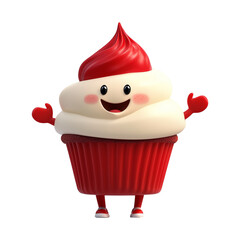 Poster - cheerful 3D cartoon red velvet cupcake with smiling face and red frosting, isolated on transparency background. cupcake has playful and whimsical design, featuring arms and legs