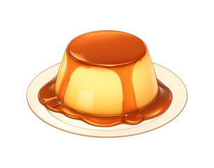 Aufkleber - cute 3D cartoon caramel pudding with glossy texture sits on white plate, isolated on transparency background, showcasing its smooth and delicious appearance