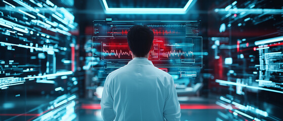 Poster - doctor in futuristic medical facility reviews digital health data on transparent screens, surrounded by advanced technology and glowing interfaces