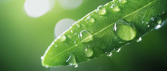Poster - Close up of vibrant green fern leaf with glistening water droplets, capturing essence of nature freshness and tranquility in serene setting