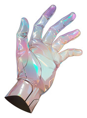 Poster - clear plastic hand with holographic finish is isolated on transparency background, showcasing futuristic and reflective design