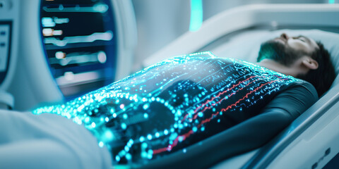 Poster - futuristic health device scans patient in high tech medical facility, displaying digital data on screen. scene is illuminated with blue and white lights, creating modern and advanced atmosphere