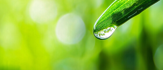 Poster - close up of water droplet reflecting light on vibrant green leaf, showcasing nature beauty and tranquility. background is softly blurred, enhancing focus on droplet