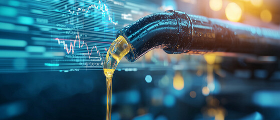 Poster - Oil flowing from pipe with digital data overlay, symbolizing energy and technology integration. image highlights connection between oil industry and modern analytics