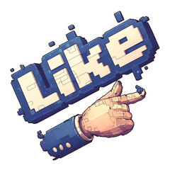 Poster - pixelated design of word Like in cobalt blue with pointing hand, conveying digital approval or social media interaction. retro style adds nostalgic touch