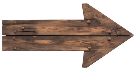 Poster - dark mahogany wooden arrow sign with rustic finish, isolated on transparency background, featuring visible wood grain and metal rivets for vintage look