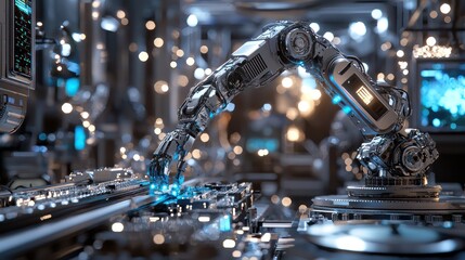 Poster - Advanced Robotic Arm in Futuristic Factory Setting