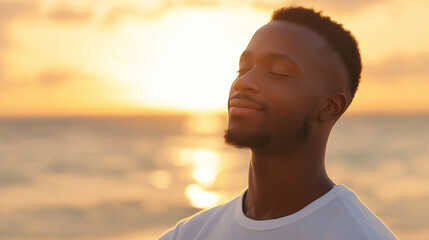 Wall Mural - Young man in white t-shirt at sunset beach. Great for wellness lifestyle, mindfulness, and personal peace content.