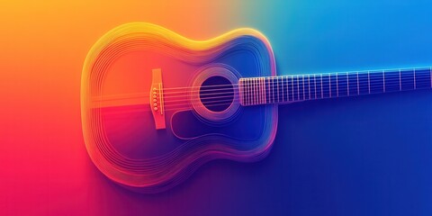 Wall Mural - Minimal abstract gradient background featuring smooth transitions of blue, orange, and yellow with a subtle blurred guitar outline and glassy texture.