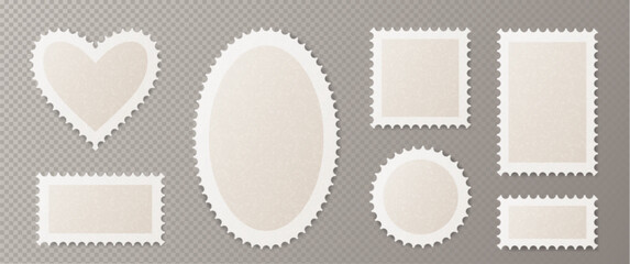 Poster - Postcard stamp frames collection in various shapes - heart, oval, circle and rectangles. White perforated borders with shadows on transparent background. Vintage mail and scrapbooking design elements.