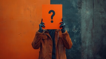 Fashionable individual with orange sign featuring question mark, vibrant orange and black backdrop, striking visual contrast, modern aesthetic