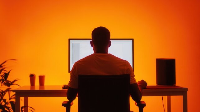 Silhouette of a male graphic designer, seated at a computer, against an orange backdrop, showcasing creativity and focus in digital art.