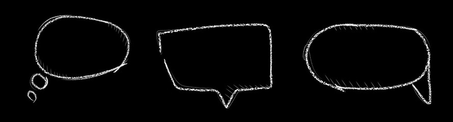 Poster - Crayon sketched speech bubble shapes on black background - thought cloud, dialog frame and oval talk elements. Hand drawn chalk like communication symbols for comic messages or conversation design.
