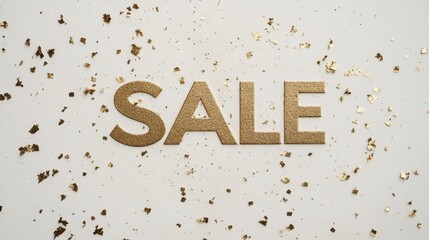 Poster - Elegant gold SALE text on a pristine white background, adorned with shimmering gold confetti for luxury retail promotions.