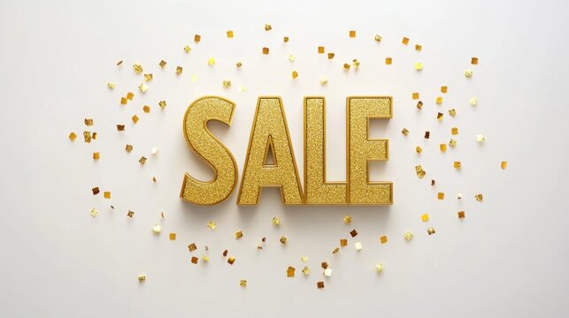 Golden SALE text shines on a clean white canvas, enhanced with glittering gold confetti. Ideal for premium retail and discount banners.