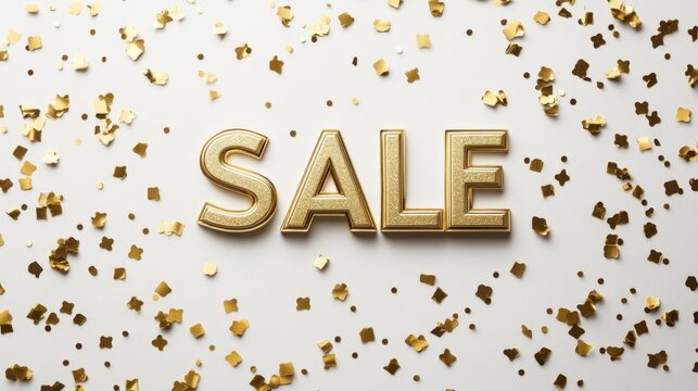 Graceful gold SALE text with dynamic gold confetti on a minimalist white background. Perfect for festive retail campaigns.