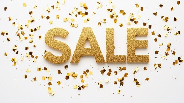 Graceful gold SALE text with dynamic gold confetti on a minimalist white background. Perfect for festive retail campaigns.