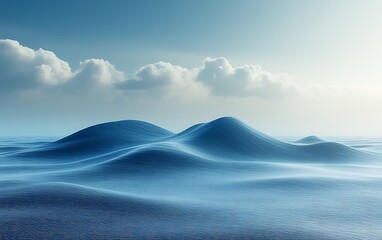 Serene blue landscape with rolling hills and soft clouds.