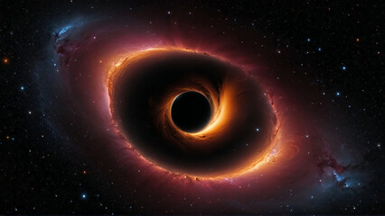 Wall Mural - A stunning panorama of a black hole set in the vastness of outer space, showcasing the swirling accretion disk with vibrant colors and intense gravitational effects