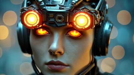 Poster - Cyborg female with glowing golden headgear in a futuristic environment, Female cyborg with glowing golden headgear
