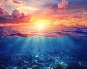 sunset over ocean waves coral reef view nature photography serene atmosphere underwater perspective 