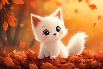 autumn. A cute white cartoon fox cub is sitting on autumn leaves. Very close