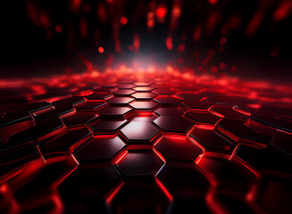 Poster - Glowing red hexagonal pattern stretches to a bright horizon.  Dark background with red particles falling. Futuristic, abstract, and technological feel.