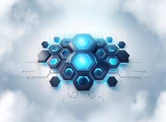 Poster - abstract digital art depicting a cluster of glowing blue hexagons, interconnected and set against a 