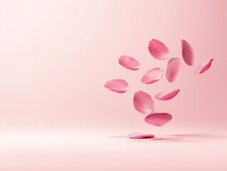 Poster - Soft-focus image of delicate pink flower petals falling in mid-air against a pastel gradient background