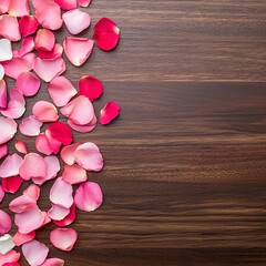 Poster - Romantic scattered petals in shades of red and pink on a dark wooden table, creating a rich contrast