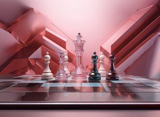 Aufkleber - Glass chess pieces arranged on a reflective board against a backdrop of abstract pink geometric shapes.  A sense of strategy and elegance is evoked.