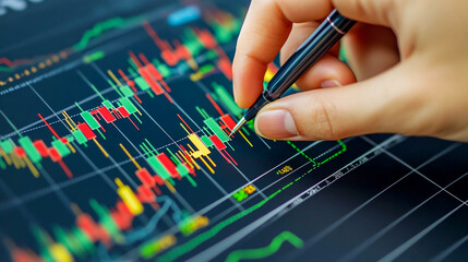 The hand points to the graph on the digital screen. The chart displays financial data using colored candlesticks (red and green) showing price changes.