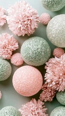 Poster - A captivating composition features vibrant sage green textured spheres alongside soft pink floral elements, creating a stunning visual interplay of color and form that enchants the senses