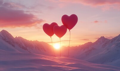 Wall Mural - Love balloons for Valentine's Day take off from snow capped mountains