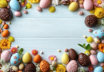 Wall Mural - Colorful Easter Eggs and Flowers Arranged on a Rustic Wooden Background for a Joyful Spring Celebration and Festive Holiday Decor