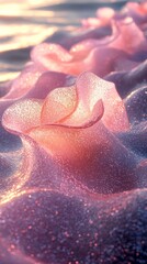 Poster - At Future Dusk, delicate waveforms ripple softly, their textured surfaces glistening with luminous pink and amber shades. A tranquil atmosphere envelops the scene, inviting reverie
