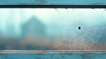 A spider web stretching across a broken window frame