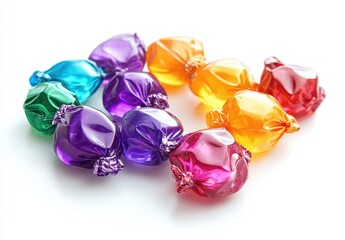 Wall Mural - Colorful Wrapped Candies in Bright Shades of Purple, Orange, Blue, Green, and Red Arranged Neatly on a White Surface with Soft Lighting for a Vibrant Sweet Treat Display